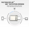 Diagram showing the 360 degree rotation design of a USB flash drive for switching between Type-C and PC/Mac connections.