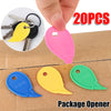 A set of 20 plastic package openers and cutting tools in various colors including yellow pink and green packaged in a cardboa