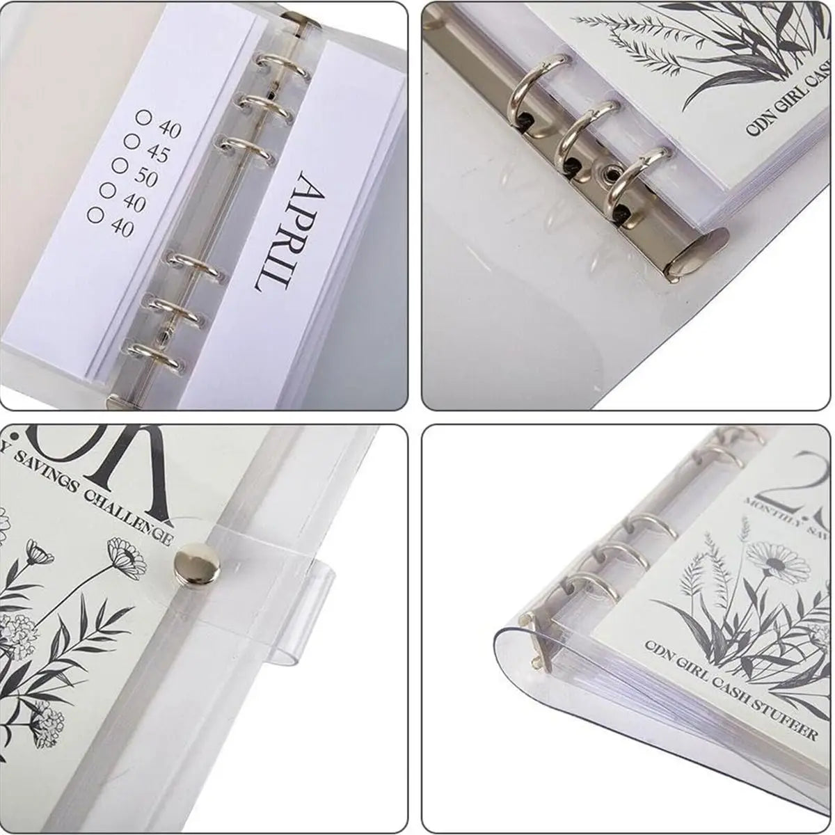 Close-up views of a vertical savings challenge money clip featuring April and other months, with clear plastic sleeves.