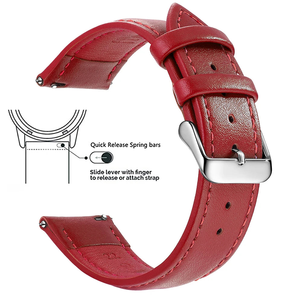 A red genuine leather watch band featuring quick release spring bars and a silver buckle.