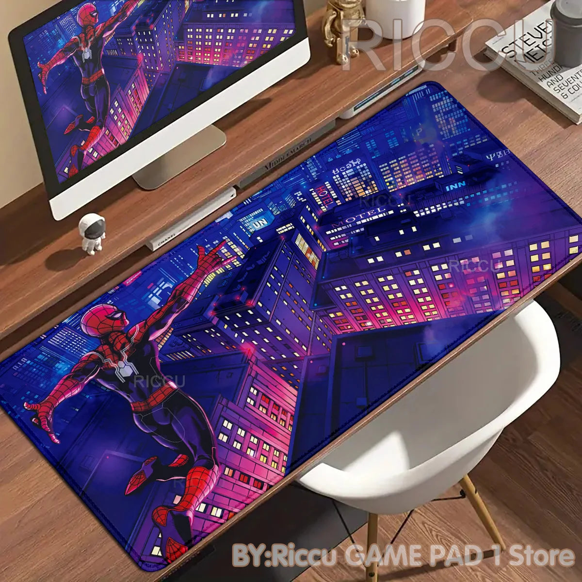A vibrant Spider-Man anime desk mat featuring a cityscape and superhero in purple and pink tones.