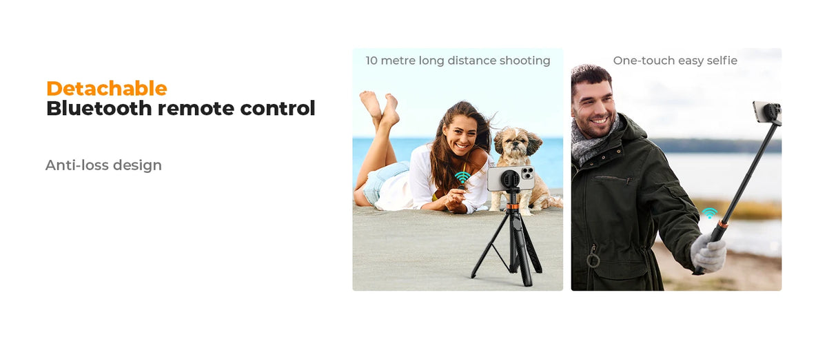 A man is using a detachable Bluetooth remote control and selfie stick tripod to take a photo.