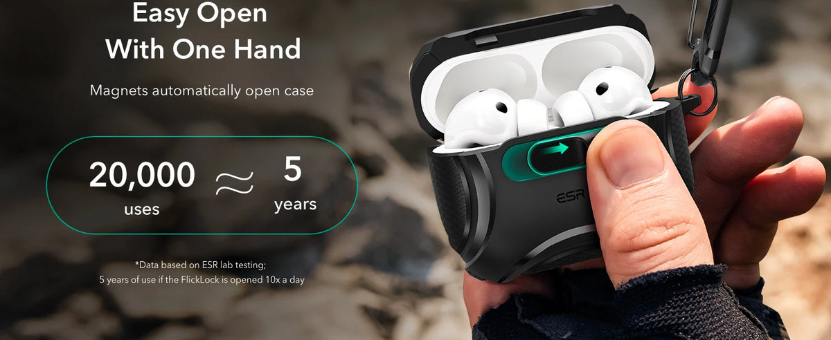 A hand holds a black magnetic AirPods case, demonstrating its easy open feature and longevity claims.