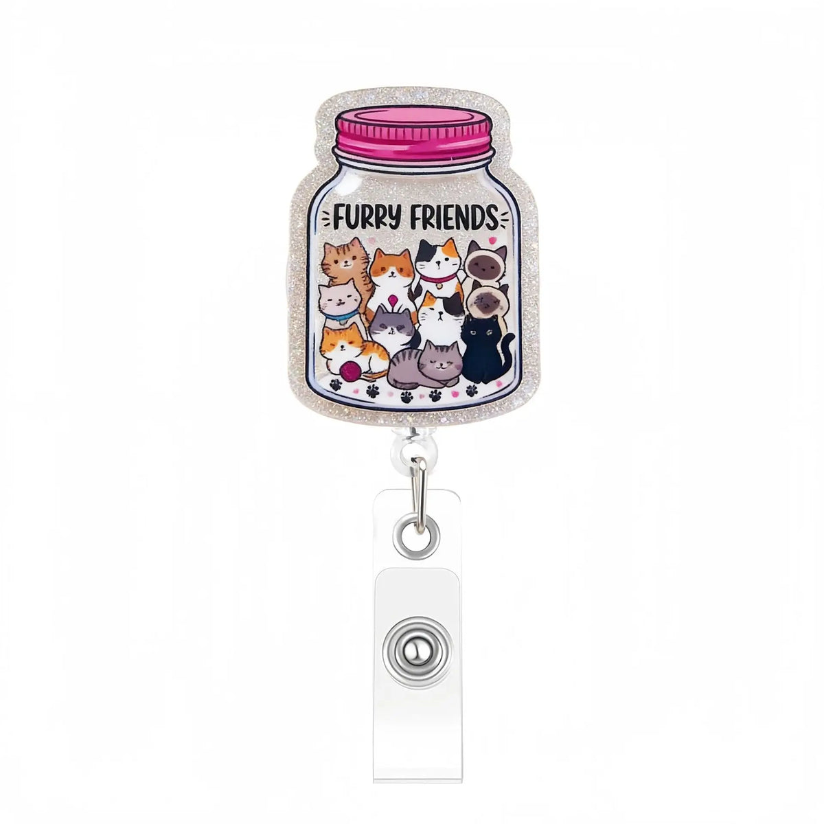 Acrylic nurse badge reel with a jar charm featuring various cute cats.