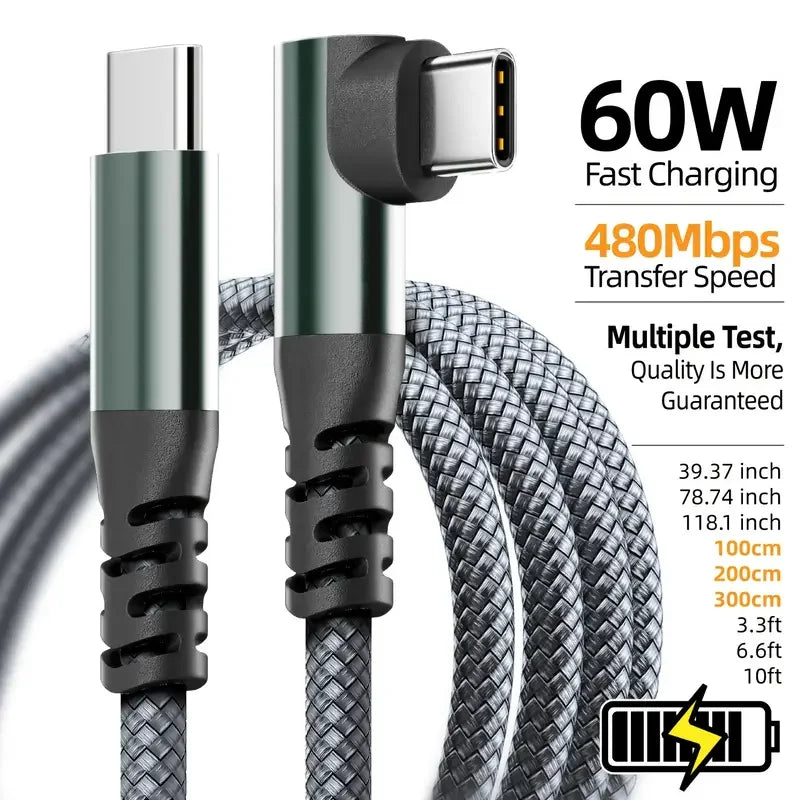 A close-up view of a green USB-C fast charging and data cable with a braided black jacket.