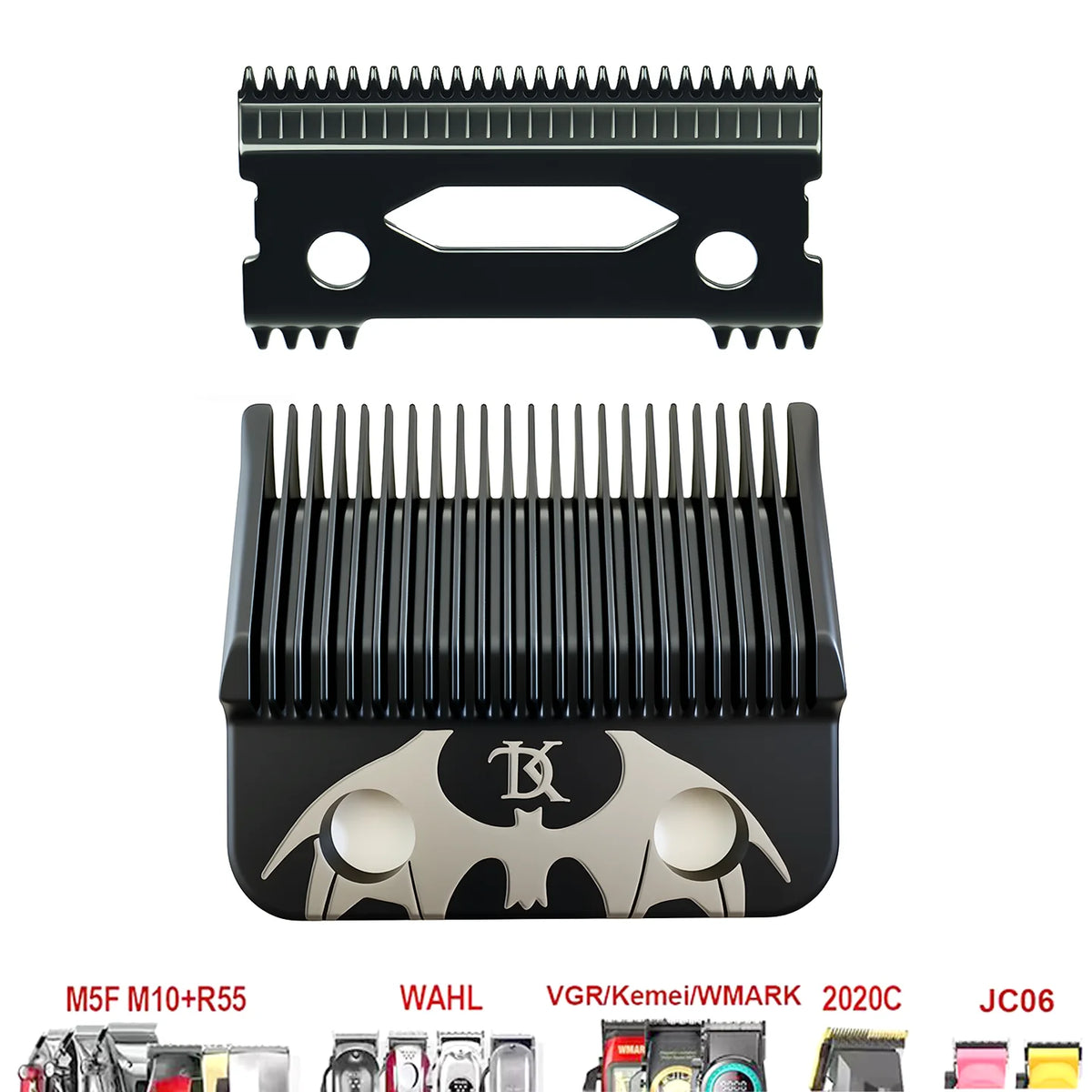 A set of professional cordless hair clipper blades including a guard and various cutting combs.