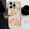 A beige phone case with a croissant newspaper pattern featuring illustrations of croissants and text.