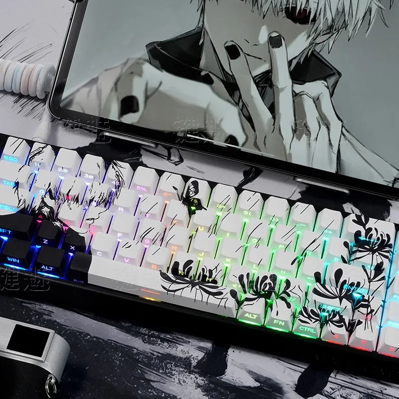 A close-up of a custom mechanical keyboard featuring Kaneki Ken anime keycaps on a PBT Cherry profile set.