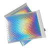 Rainbow foil bubble mailers featuring a vibrant, iridescent, multi-colored pattern.