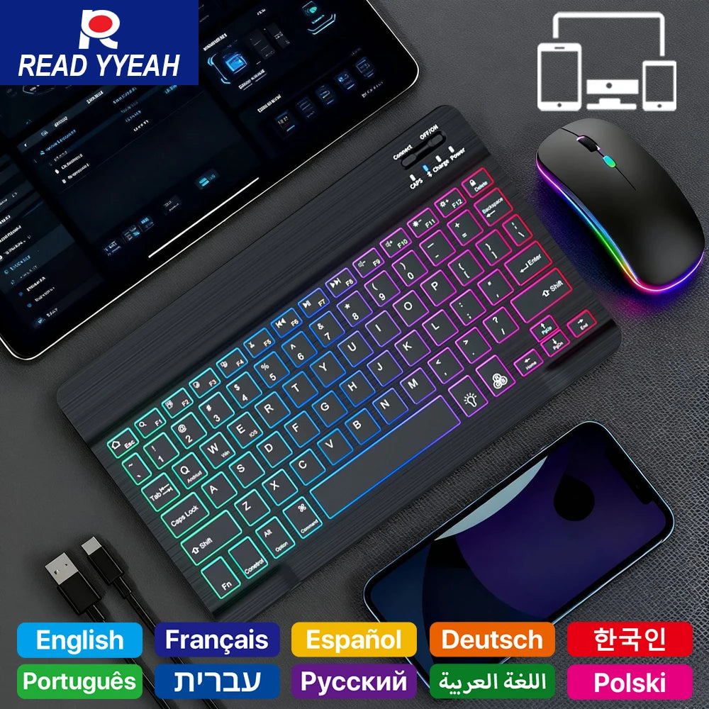 A portable Bluetooth keyboard and mouse set with customizable RGB backlighting displayed on a dark surface.