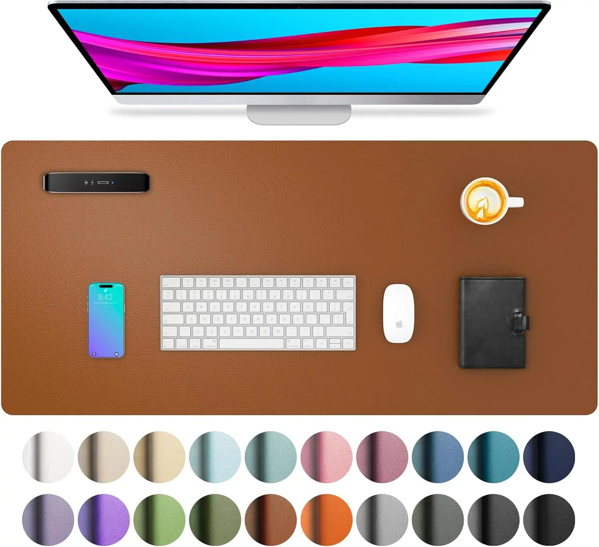 A large brown PU leather desk mat featuring a laptop, keyboard, mouse, and a smartphone.