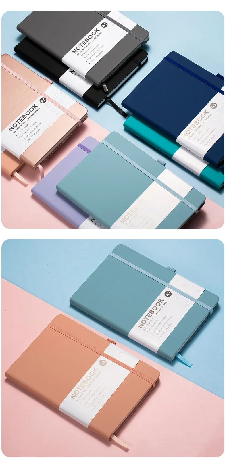A collection of premium PU leather notebook and journal notebooks in shades of pink, blue, and dark gray on a light backgroun