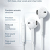 A pair of white wired earphones with a Type-C plug and inline remote shown next to a diagram detailing acoustic features.