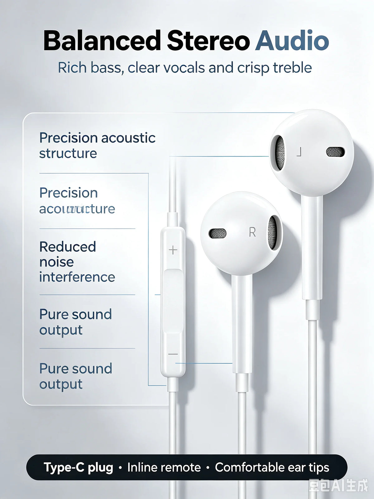 A pair of white wired earphones with a Type-C plug and inline remote shown next to a diagram detailing acoustic features.