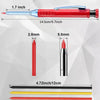 A precision mechanical pencil with a red body and silver tip, showing various dimensions of the pencil.