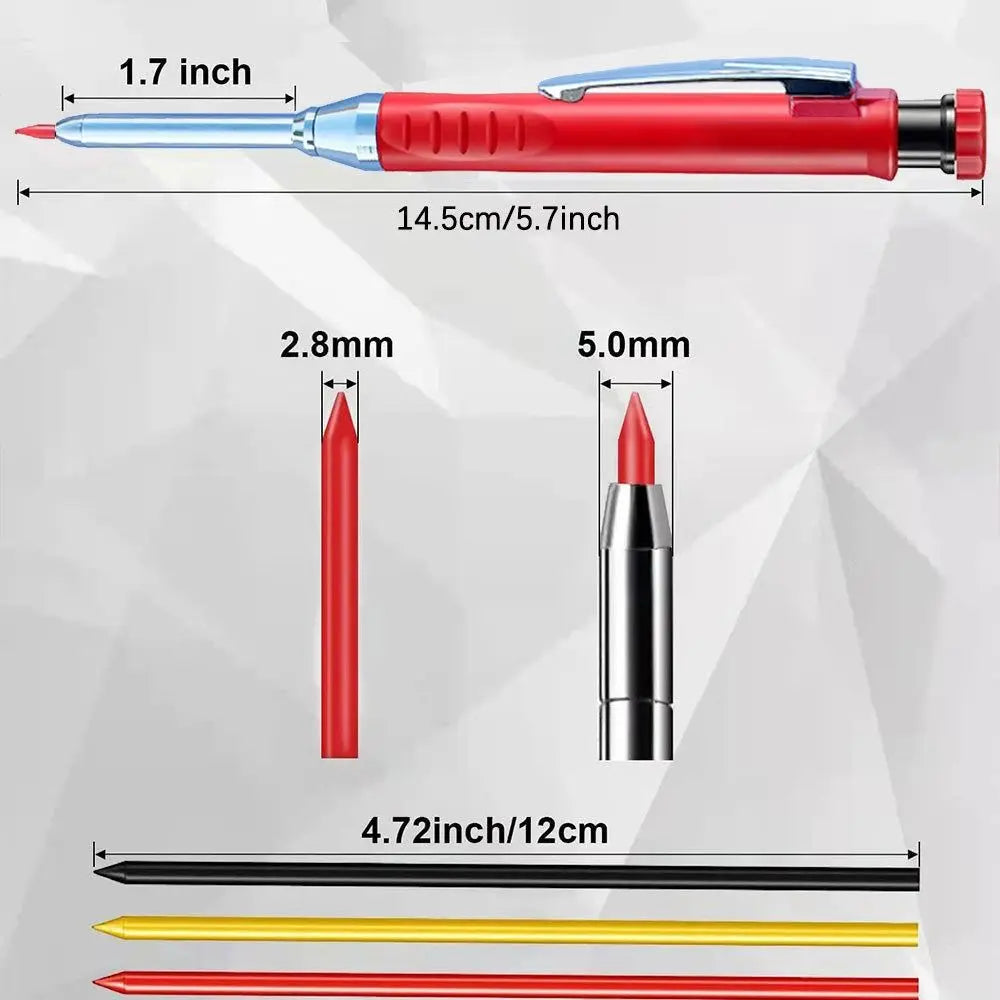 A precision mechanical pencil with a red body and silver tip, showing various dimensions of the pencil.