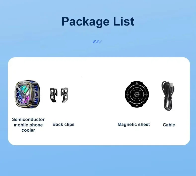 Lista de paquetes que incluye un enfriador para teléfono móvil semiconductor, clips traseros, lámina magnética y cable.