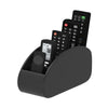 A black remote control holder and desk organizer tray displaying several black remote controls.