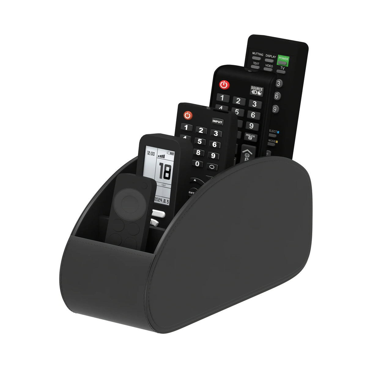 A black remote control holder and desk organizer tray displaying several black remote controls.