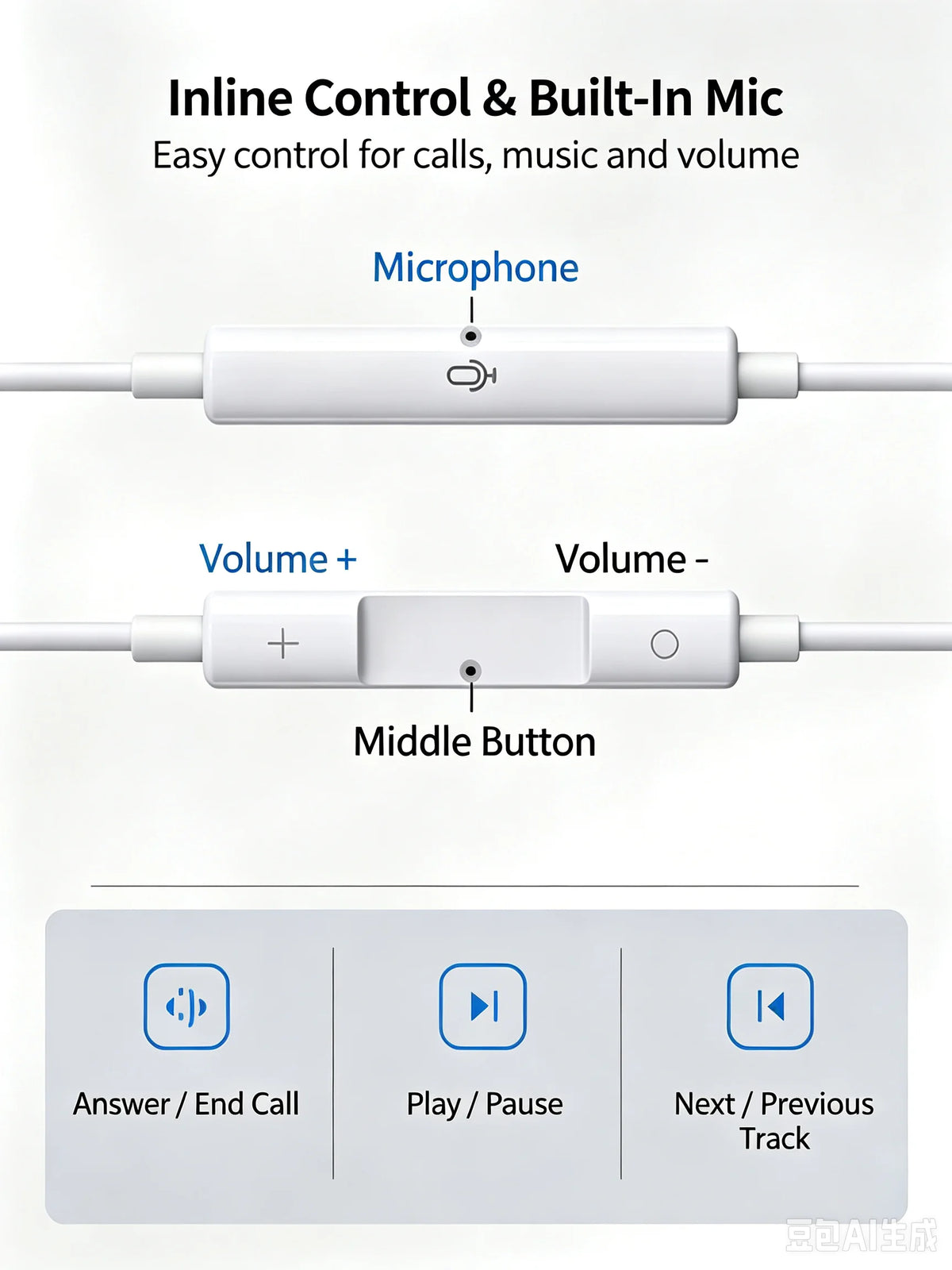 Diagram showing inline control and built-in mic features of wired earphones.