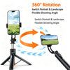 A black extendable selfie stick tripod with a smartphone mounted, demonstrating 360 degree rotation for flexible shooting ang