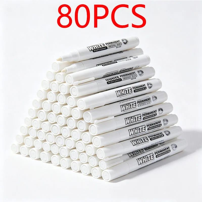 A stack of 80 white permanent paint markers is shown on a white background.