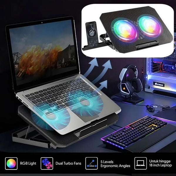 Adjustable RGB laptop cooling pad featuring dual turbo fans and a phone holder for improved cooling