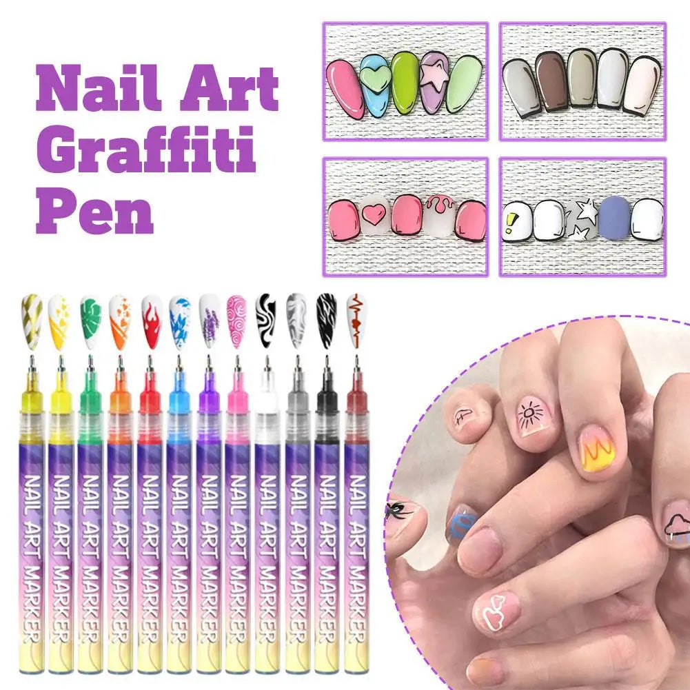 Un set de stylos de graffiti pour ongles avec diverses couleurs et pointes sur fond violet.