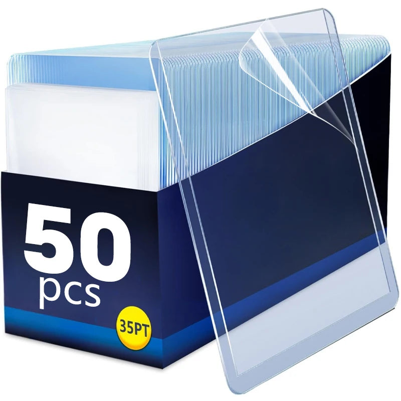 A box of 50 clear protective card sleeves with anti-scratch film in blue and black packaging.