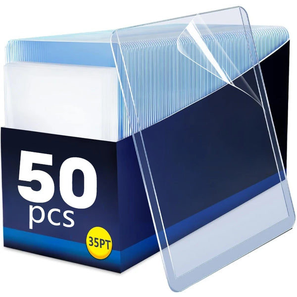 A box of 50 clear protective card sleeves with anti-scratch film in blue and black packaging.