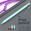 A light green stylus pen is shown next to an iPad, with accessories for tilt control, anti-mistouch, and magnetic features.