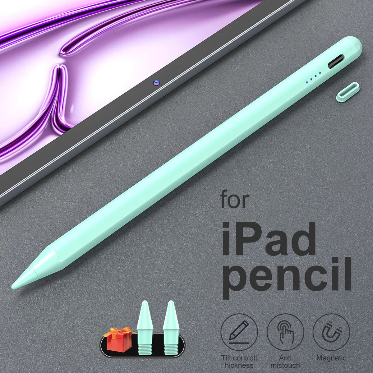 A light green stylus pen is shown next to an iPad, with accessories for tilt control, anti-mistouch, and magnetic features.