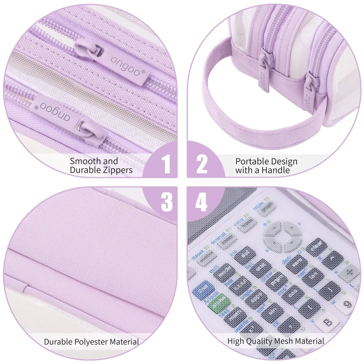 A purple transparent large-capacity pencil case showing details of smooth zippers, a handle design, durable polyester materia