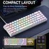 A close-up view of a 68-key compact layout mechanical keyboard showing various key arrangements and features.