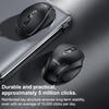 A black ergonomic wireless mouse is shown resting on a silver laptop, highlighting its durable key structure.