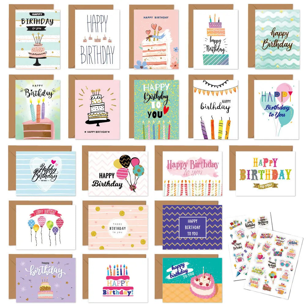 Eine Sammlung von 20 handgeschriebenen Geburtstagskarten mit verschiedenen Designs und Farben.