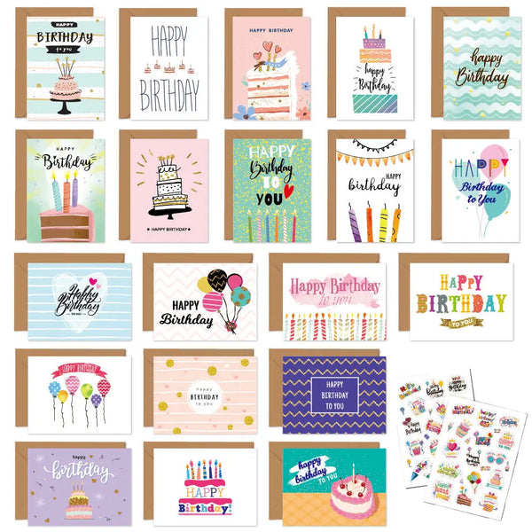 A collection of 20 handwritten birthday greeting cards featuring various designs and colors.