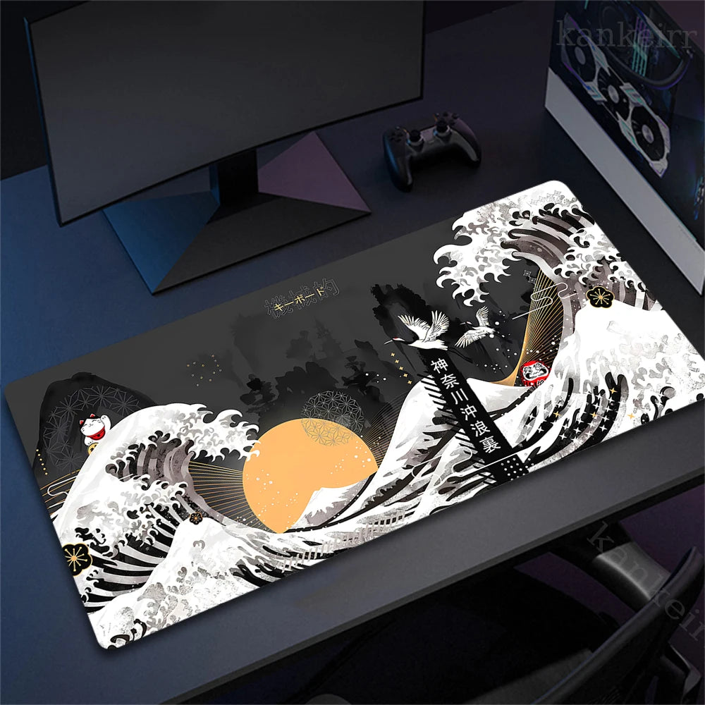 Extra large rubber desk mat mousepad featuring a black and white wave design with Japanese text.