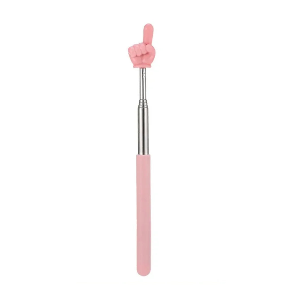 A pink telescopic stainless steel teaching pointer with a pink hand gesture at the top.