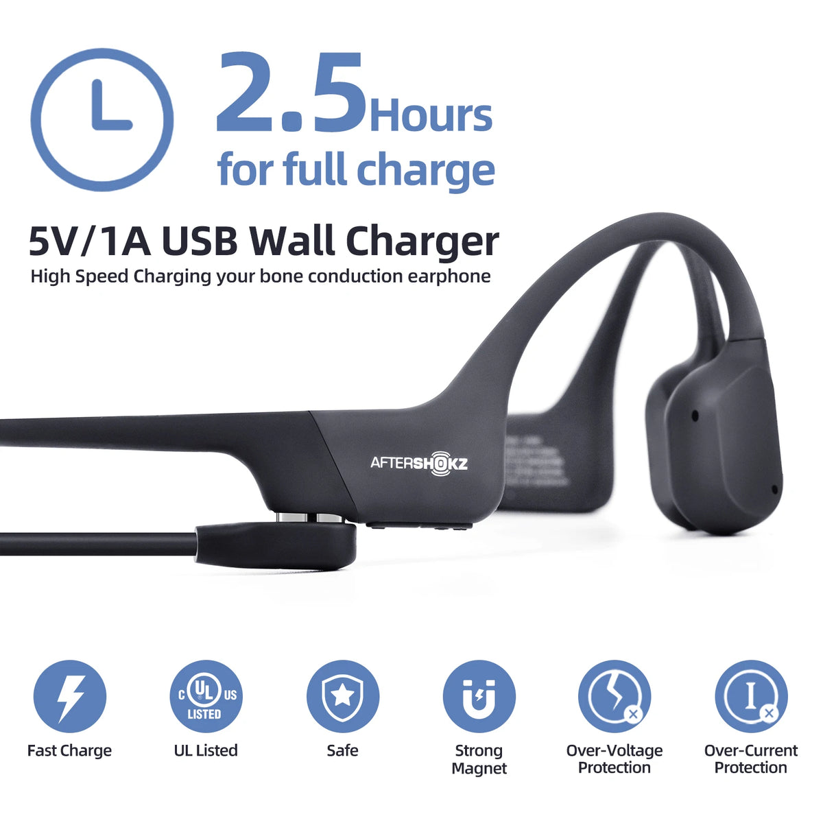 A black 5V/1A USB wall charger for bone conduction earphones with a flexible cable.