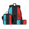 Schwarzer Rucksack mit roten und blauen Paneelen, der ein 3-in-1 lustiges Cartoon-Schulmaterialset für Kinder enthält.