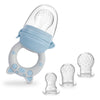 A silicone fruit and vegetable feeder set for babies and toddlers shown in various components.
