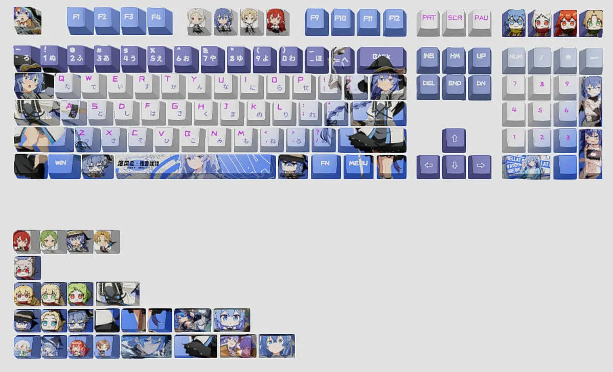 A large set of dye-sublit backlit keycaps for a mechanical keyboard, featuring various characters and symbols.