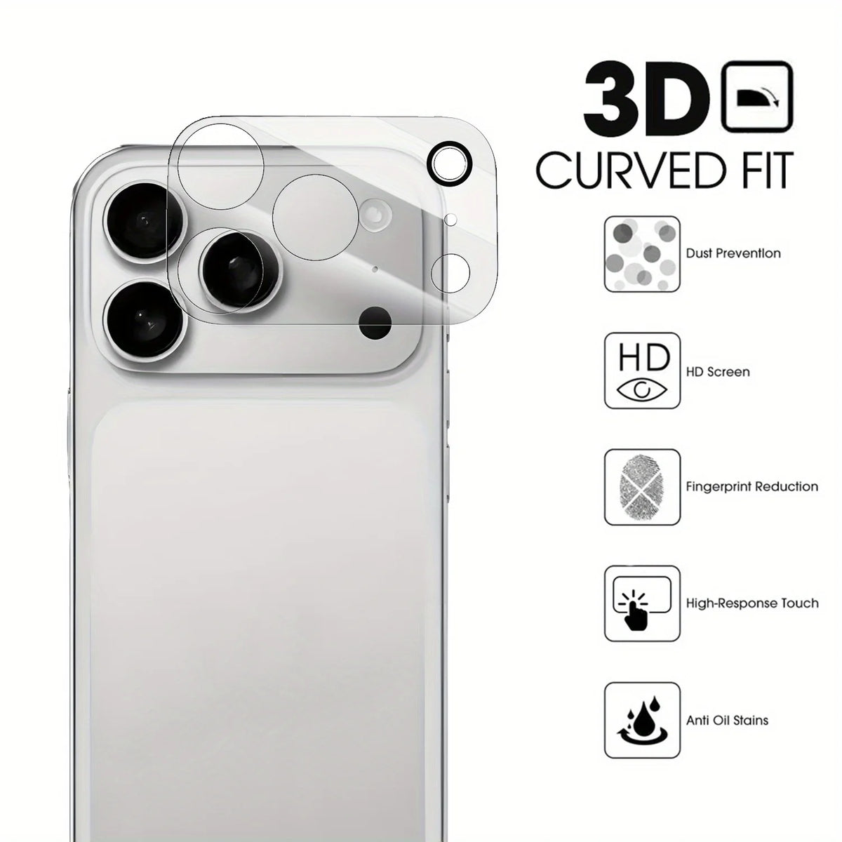 A white smartphone with a clear curved fit camera lens protector applied, showing features like dust prevention and fingerpri