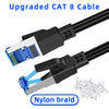 Aufgerigertes CAT 8 Kabel mit Nylongeflecht und schwarzen Steckern.