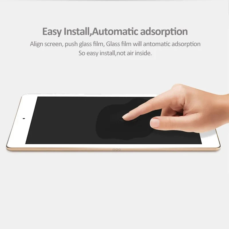 A hand is touching a black screen on an iPad, demonstrating the easy installation of a tempered glass screen protector.