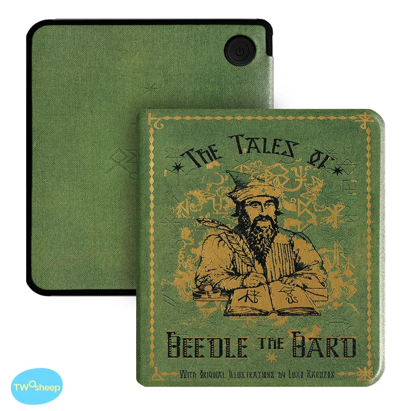 A green book cover featuring an illustration of a bearded bard and the title The Tales of Beedle the Bard
