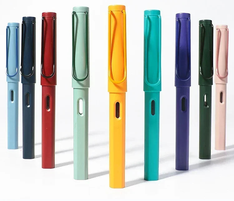 A set of three Morandi Retro fountain pens in various colors including blue, black, red, mint green, orange, teal, purple, an