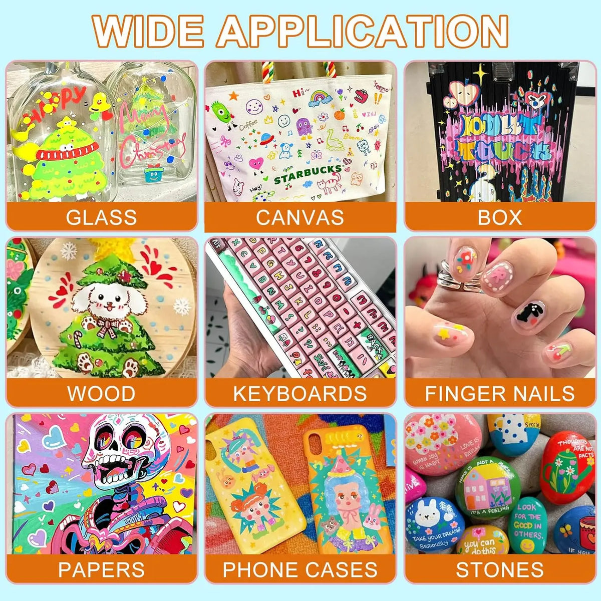 A grid showing various craft materials including glass, canvas, box, wood, keyboards, fingernails, papers, phone cases, and s