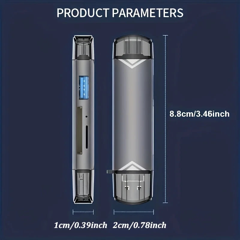 Parámetros del producto mostrando dimensiones de un adaptador de lector multi-tarjetas en vistas vertical y horizontal.